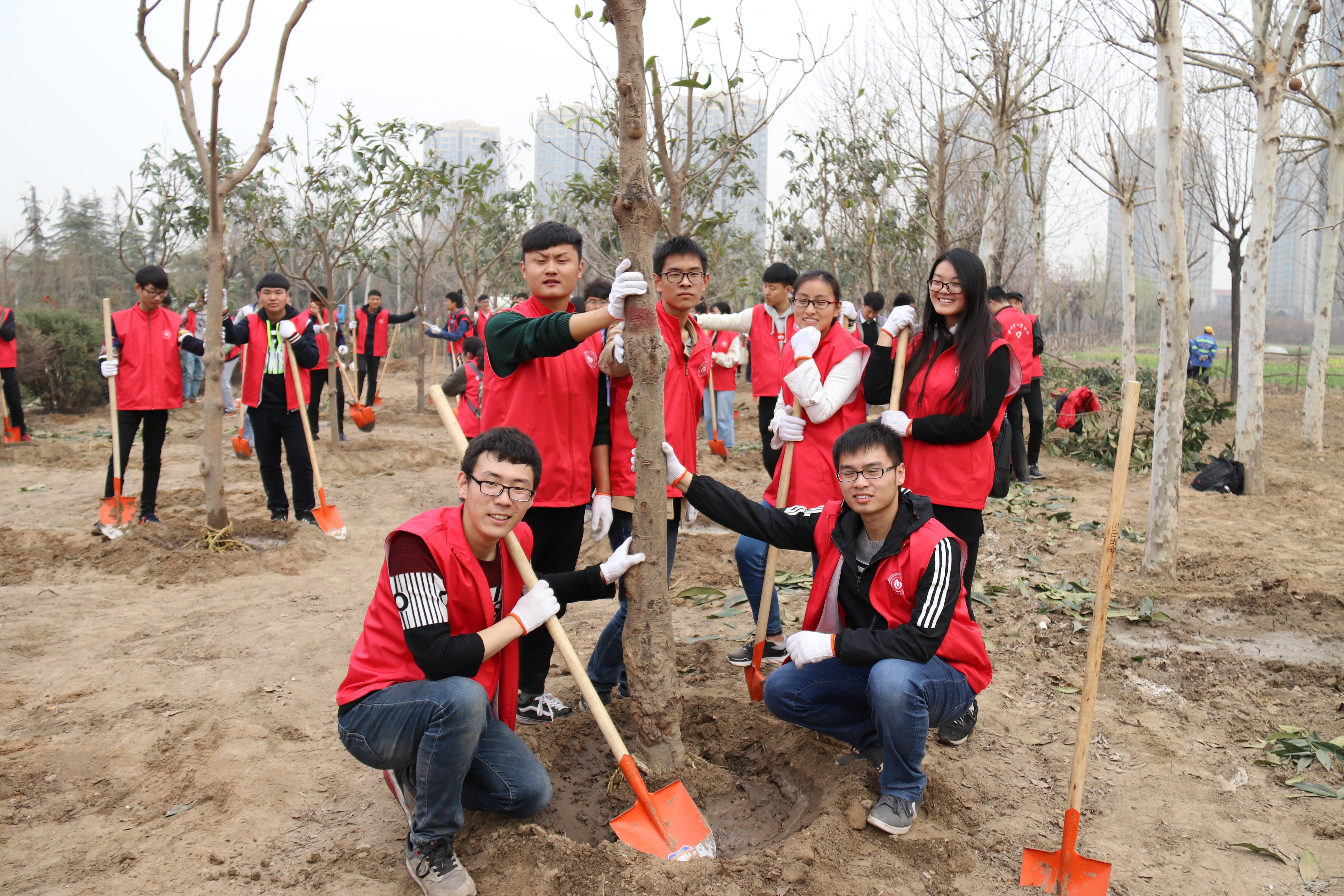 与合力种植的树苗合影